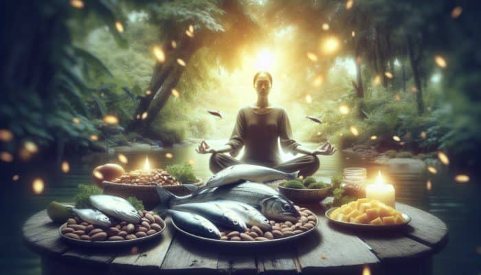 A person meditating in a tranquil garden with omega-3 rich foods, symbolising enhanced mood and mental resilience.