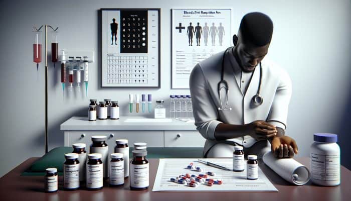 A person rolling up their sleeve for a vitamin blood test, a nurse with a syringe, surrounded by supplements and forms.