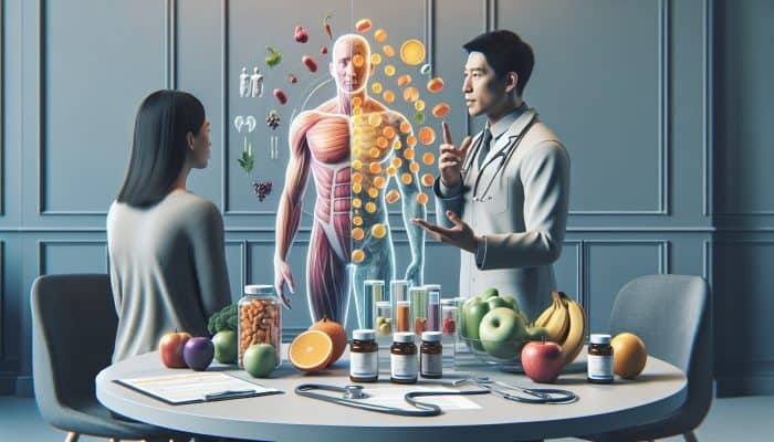 A healthcare provider discussing blood test results with a patient, focusing on vitamin levels and health strategies.