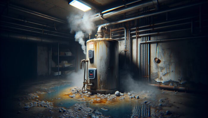 A distressed water heater in a basement, displaying rust, leaks, and steam with discolored water surrounding it.