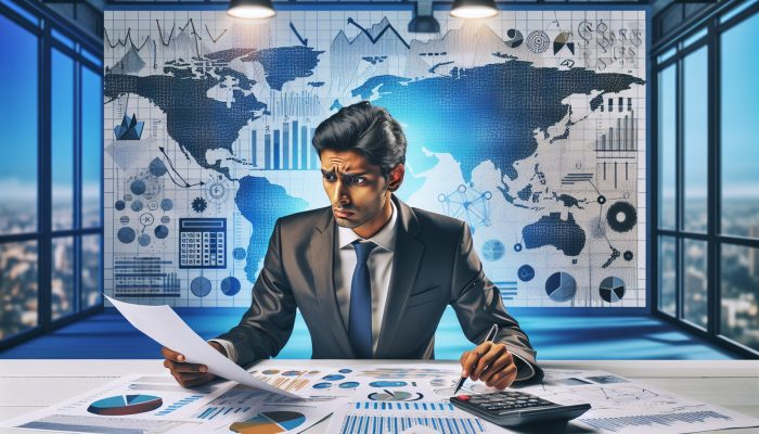 Individual reviewing financial documents with charts, appearing concerned in an office with calculator and pen.