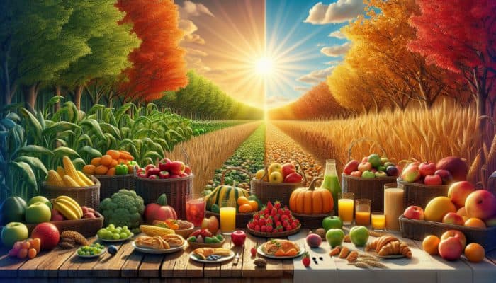 Top Lazy Sunday Brunch Recipes: A vibrant farmers' market scene with seasonal fruits and vegetables displayed in baskets for a colorful brunch.