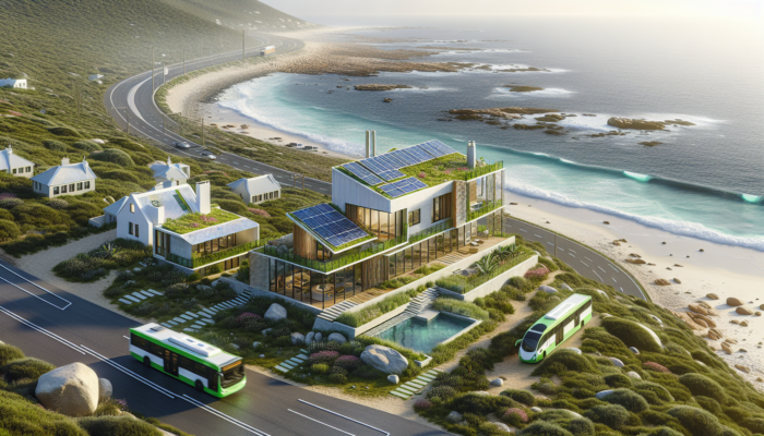 Serene Mossel Bay coastal scene with eco-friendly home, solar panels, green roofs, and nearby new roads.