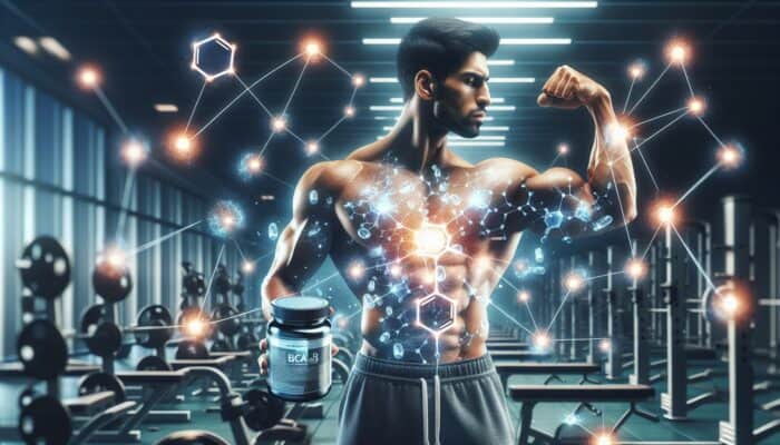 Best BCAA Supplements for Workout Recovery: Muscular athlete flexing in the gym, holding a BCAA supplement bottle with glowing leucine, isoleucine, and valine molecules around.