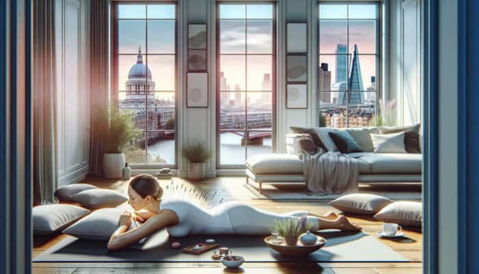 A serene British woman receives acupuncture on a yoga mat in a cozy London flat, surrounded by meditation cushions, herbal tea, and city skyline views.