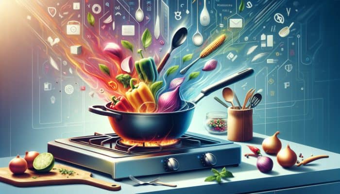 A sizzling skillet on a stove with vibrant peppers, onions, and herbs, alongside a tablet displaying cooking recommendations.