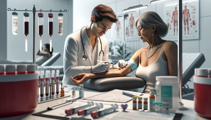 A nurse in a white coat draws blood from a middle-aged woman's arm during a menopause test in a modern clinic, with syringes and charts on the counter.