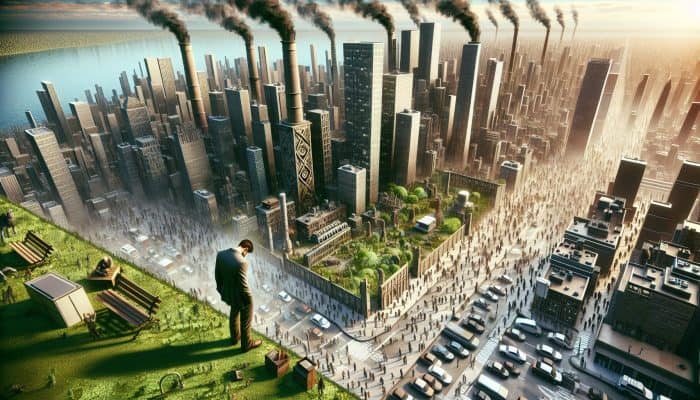 A lonely urban dweller in a bustling, polluted city, stressed by financial and job insecurity, seeking mental health services.