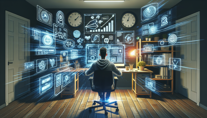 A developer in a Shepton Mallet office sits amid flickering screens, emerging holographic tools, and racing clocks, symbolizing ecommerce tech challenges.