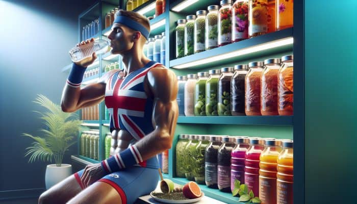 UK athlete drinking water, surrounded by herbal teas and electrolyte drinks, emphasising the importance of hydration in performance.