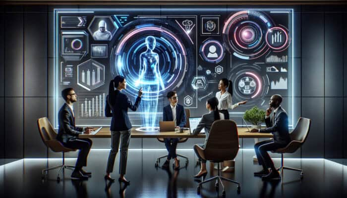 Professionals collaborating in a high-tech office with holographic virtual assistants, using glowing digital interfaces and task charts.