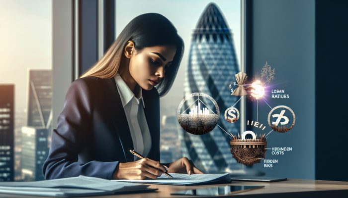 Debt Consolidation Loan Interest Rate Trackers | DCL Financial specialist in London office reviews interest rate graphs, warning borrower about hidden fees and risks with trap and shield symbols.