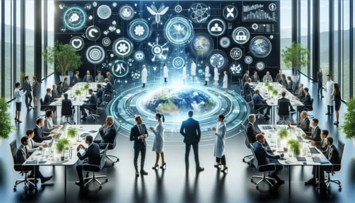 Experts in suits and lab coats discuss sustainability strategies on digital screens, surrounded by plants and solar panels, symbolizing resilience.