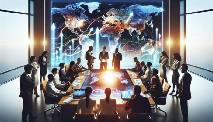 Diverse executives in a modern boardroom strategizing business expansion around a glowing world map with charts and digital projections.