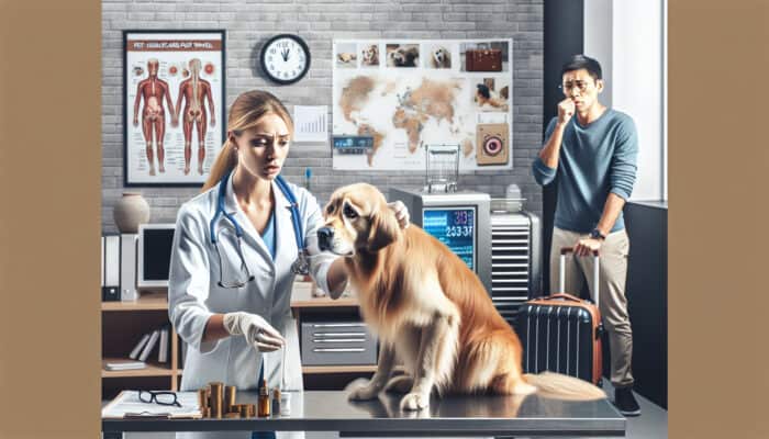 Veterinarian gently examining a weary dog in a modern clinic, with attentive owner watching and a suitcase in the background, emphasizing post-travel health checks.