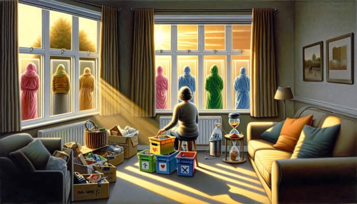 Clearing a UK Home Fast and Cheap: In a sunlit UK living room, a person sorts items into keep, donate, and discard boxes; a calendar shows a one-week deadline with volunteers outside.