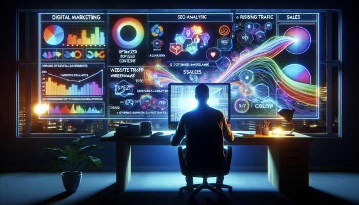 A digital marketer in Bridgwater meticulously analysing local keywords on a glowing screen, encircled by SEO charts and ascending traffic graphs.