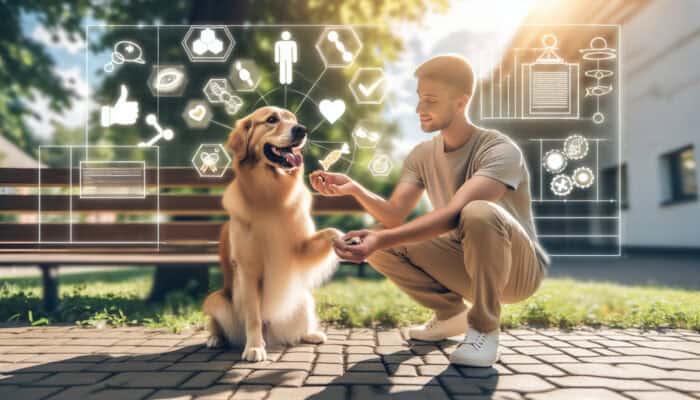A cheerful owner rewards a sitting golden retriever with a treat, gently guiding its paw down.