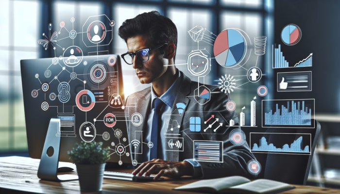 Entrepreneur in Blandford Forum office analyzes dashboards showing website traffic graphs, social media engagement icons, lead funnels, and rising conversion rates.
