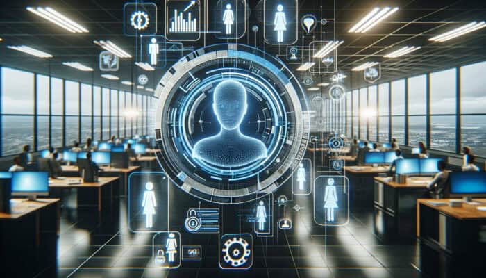 A holographic virtual assistant collaborates with diverse team members in a high-tech office, sharing files via digital screens with version tracking icons for enhanced productivity and innovation.