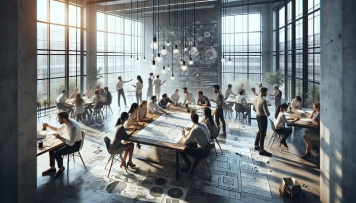 Diverse designers and users collaborate around a table with sketches, wireframes, and prototypes in a sunlit workshop.