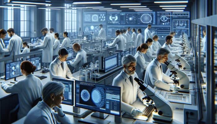 Experts in white coats analyse FBC test results on digital screens in a high-tech Runcorn laboratory, surrounded by microscopes and charts.