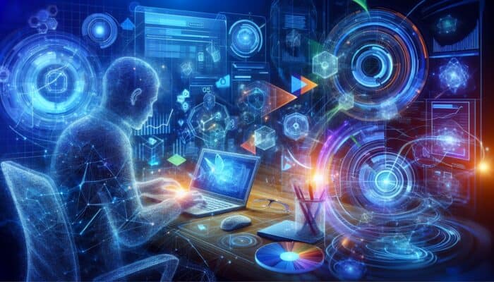 SEO experts scrutinise competitor backlinks using Ahrefs, SEMrush, and Moz on illuminated screens, surrounded by holographic charts and data visualisations in blue tones.