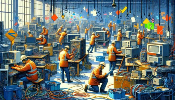 Workers in a busy UK electronics workshop inspect frayed cords, clean devices, and review safety checklists under motivational posters.