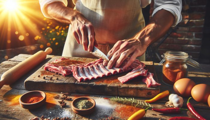 Hands trimming fat from raw pork ribs on a wooden board, applying dry rub in a sunlit outdoor kitchen with scattered herbs and spices.
