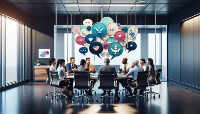 Diverse professionals in a modern VA conference room, gathered around a round table discussing ideas via speech bubbles and digital screens.