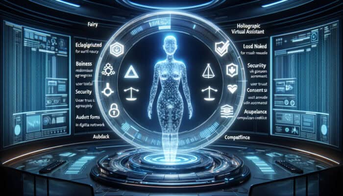 Futuristic holographic assistant in a control room surrounded by ethical symbols: balance scale, data shields, consent forms, and audit checklists.