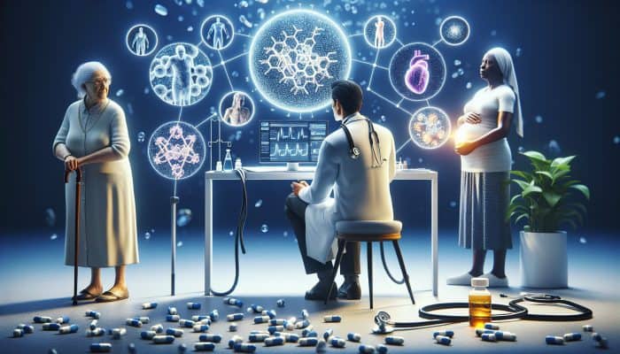 A UK doctor reviews ferritin test results on a screen, surrounded by symbols of an elderly patient, a woman with chronic illness, a pregnant figure, and pills.