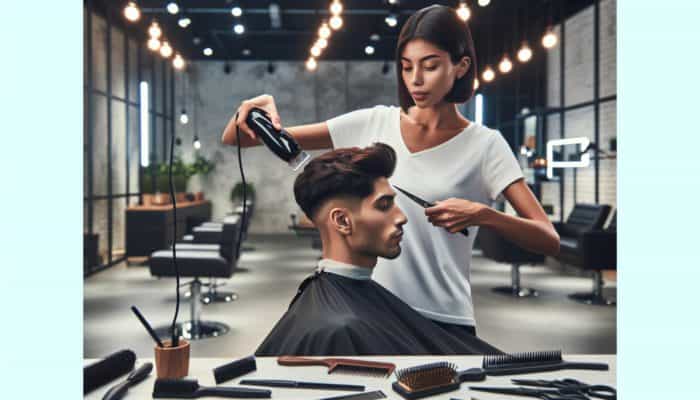 A skilled hairstylist shapes cropped curls with clippers in a modern salon, surrounded by tools under bright lights.