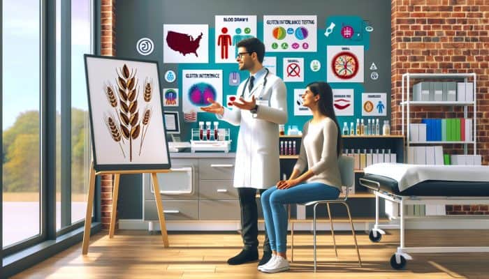 In a modern Willenhall clinic, a doctor explains the gluten intolerance testing process to a patient amidst medical tools and wheat symbols.