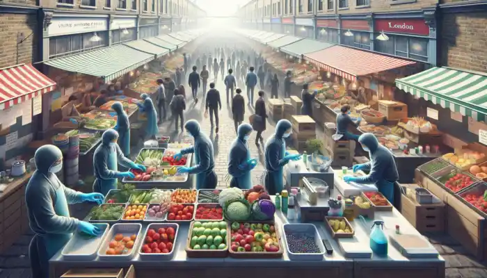 Vendors in blue vinyl gloves handle fresh produce at a bustling London market stall, maintaining hygiene amid crowds.