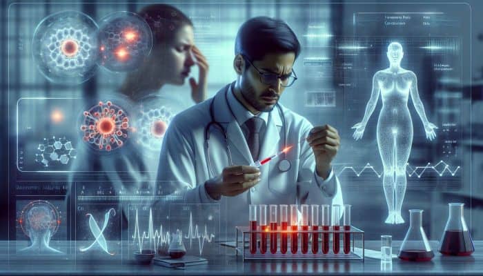 A scientist analyzes cortisol levels in a blood sample, surrounded by digital graphs, medical charts, and a stressed patient.