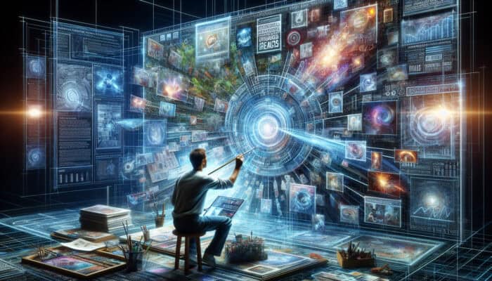 A digital artist in a vibrant workspace extracts glowing headlines, quotes, and charts from a holographic post, creating shareable icons that spread across screens.