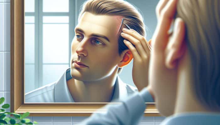 Woman examining her scalp in a mirror, showing redness, irritation, and flakes, with a discomforted expression in a serene bathroom.