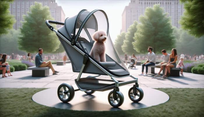 A sleek pet stroller made of lightweight ripstop nylon, with a metal frame and all-terrain wheels, carrying a small dog in an urban park.