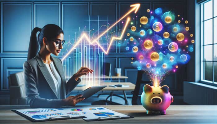 Financial analyst compares colourful clearance quotes on a tablet in a modern office, with savings graphs and a bursting piggy bank.