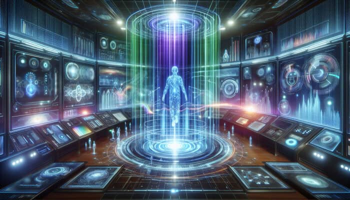A holographic virtual assistant hovers in a high-tech control room, surrounded by glowing feedback loops and dynamic data streams.