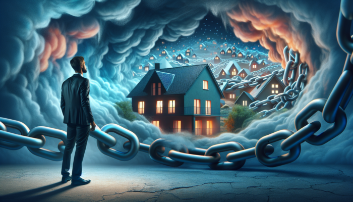 A worried homebuyer in Klerksdorp examines financial documents with high debt ratios, as chains wrap a dream house, symbolizing loan barriers.