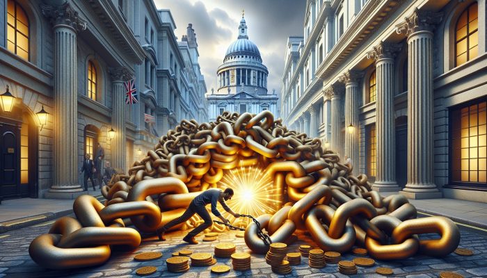 Debt Consolidation vs DIY Debt Payoff Plans: Which is Better? | DCL A bustling London street with historic banks, where a person merges tangled debt chains into a glowing golden loan, symbolising financial freedom.