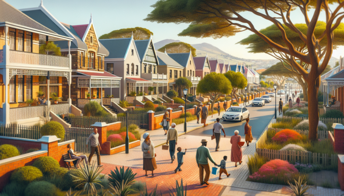 Vibrant Pietermaritzburg suburb with historic colonial architecture, diverse residents on tree-lined streets, modern homes, lush parks, and access to shops and schools.