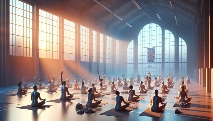 Diverse individuals practising yoga poses in a UK community centre, focusing on breath amid urban bustle, with soft morning light evoking calm.