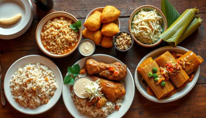 A vibrant Belizean feast showcasing Rice and Beans with coconut milk, stewed chicken, golden Conch Fritters with dipping sauce, hearty Stewed Chicken with rice and coleslaw, and colorful Plantain Tamales filled with vegetables on a rustic wooden table.