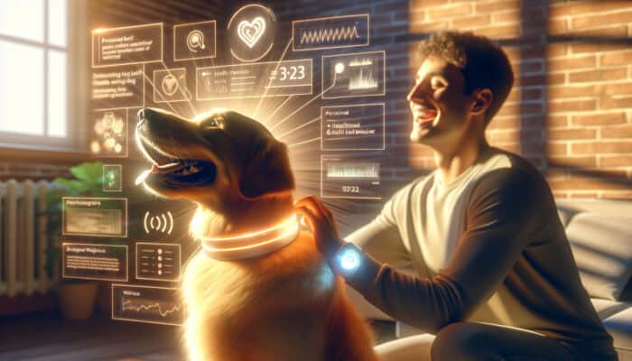 A cheerful golden retriever wearing an AI collar, with an owner smiling and stroking it, as a tablet displays health data in a sunlit home.