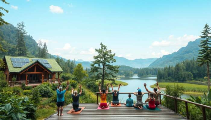 Eco-lodge in a lush forest with solar panels, surrounded by local flora, featuring travellers practicing yoga on a deck by a tranquil lake, highlighting community and sustainability.