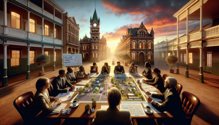 Experts in professional attire discussing enhancements in school zones of Graaff-Reinet, surrounded by Victorian architecture and maps under a vibrant sunset.