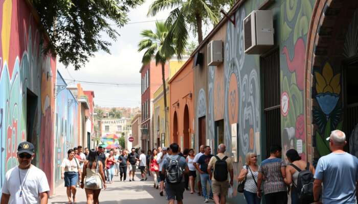 Vibrant street scene in San Miguel de Allende featuring colourful murals and innovative designs, with diverse people admiring the art in an immersive urban environment.
